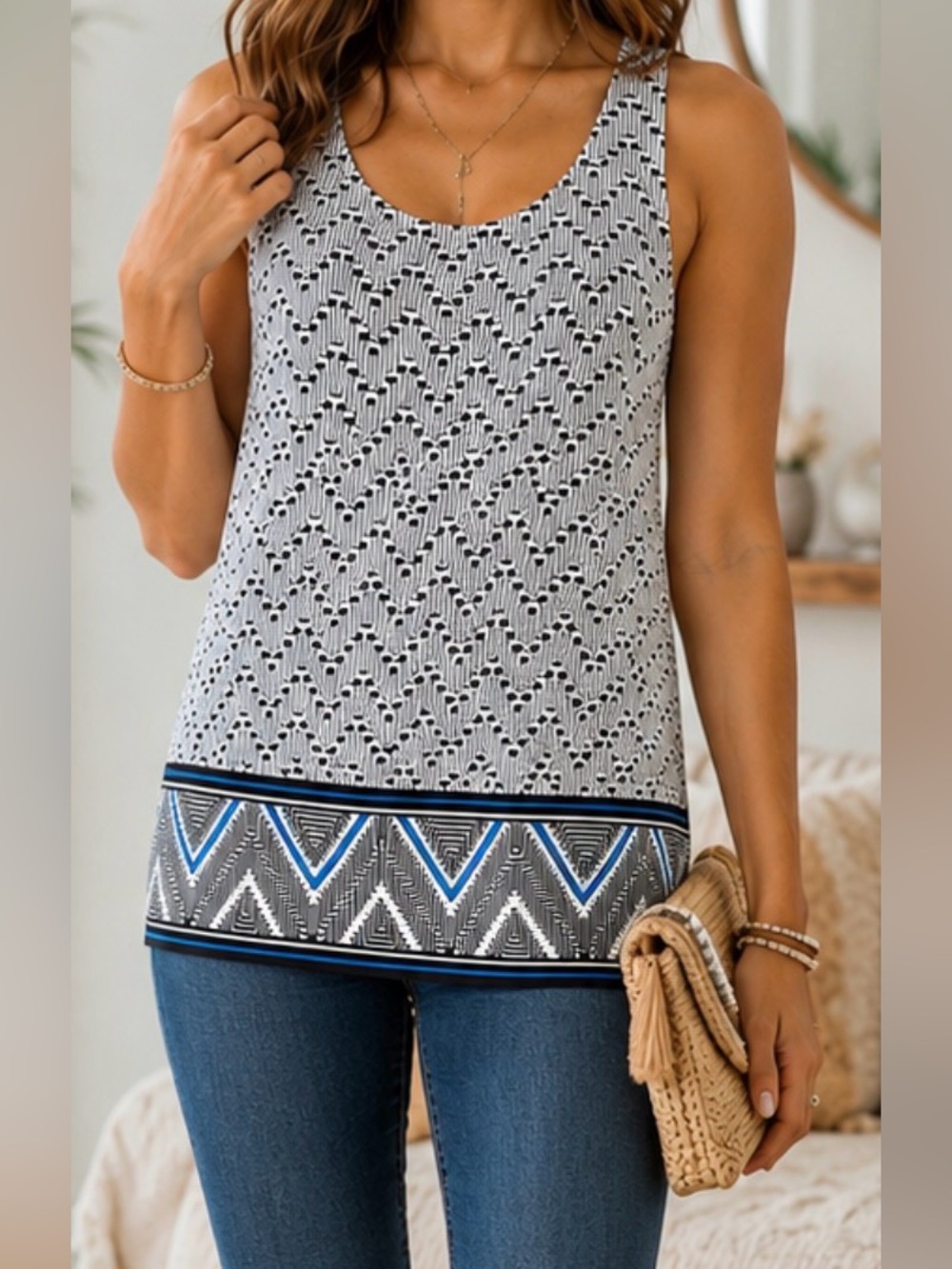 Max Studio- Blue & Black Geometric Sleeveless Top –Size  Small